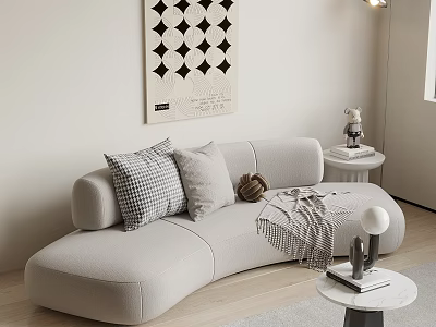 Curved Sofa in Modern Living Room with Decorative Pillows Throw Blanket and Wall Art 3d model