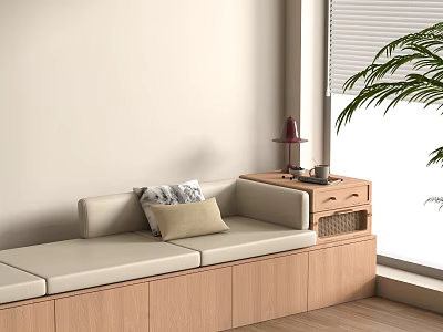 Modern Living Room Interior With Beige Bench Cushions Side Table Lamp And Potted Plant 3d model