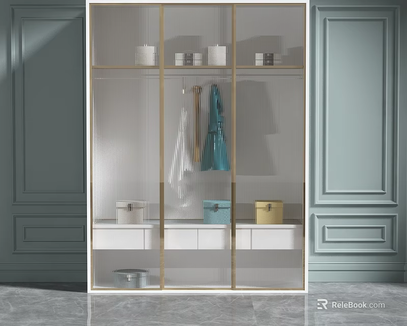 Modern Wardrobe With Glass Doors Golden Frames Hanging Clothes Storage Boxes And Gray Blue Walls 3d model 