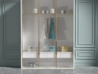 Modern Wardrobe With Glass Doors Golden Frames Hanging Clothes Storage Boxes And Gray Blue Walls 3d model