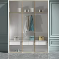 Modern Wardrobe With Glass Doors Golden Frames Hanging Clothes Storage Boxes And Gray Blue Walls