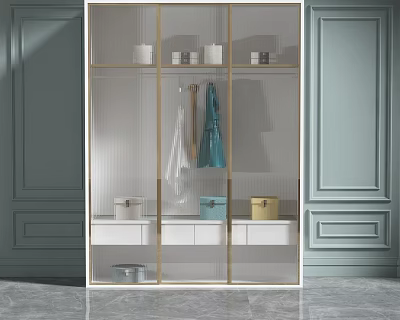 Modern Wardrobe With Glass Doors Golden Frames Hanging Clothes Storage Boxes And Gray Blue Walls 3d model