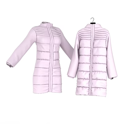 Pink Long Warm Coats With Vertical Stripe Design Zipper Closure Hanging And Flat 3d model