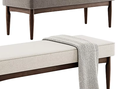 Modern Beige And Gray Upholstered Sofa Bench With Wooden Legs And Striped Blanket 3d model
