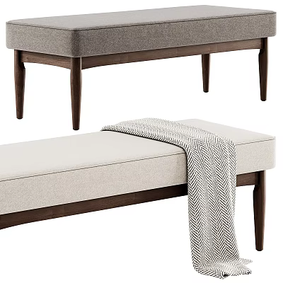 Modern Beige And Gray Upholstered Sofa Bench With Wooden Legs And Striped Blanket 3d model