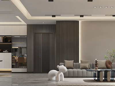 Modern Living and Dining Room Interior with Sofa Coffee Table Open Layout and Recessed Lighting 3d model
