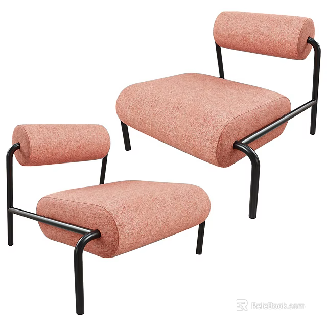 Modern Pink Fabric Accent Chair With Black Metal Frame And Matching Ottoman 3d model 