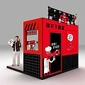 Vibrant Red Black Exhibition Booth With Cartoon Characters Bar Counter And Person Holding Sign