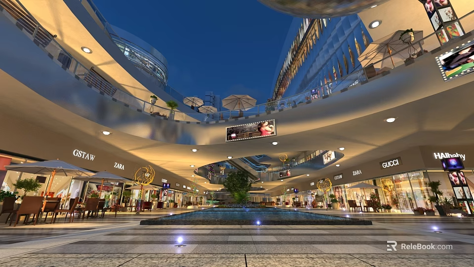 Modern Commercial Street With Multistory Buildings Shops Water Feature And Night Lighting 3d model 