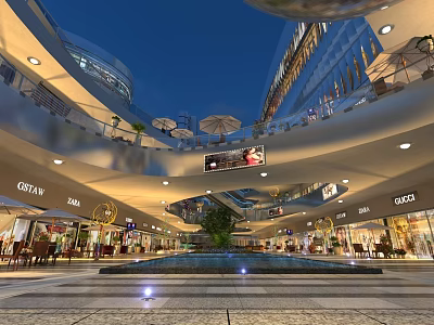 Modern Commercial Street With Multistory Buildings Shops Water Feature And Night Lighting 3d model