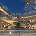 Modern Commercial Street With Multistory Buildings Shops Water Feature And Night Lighting