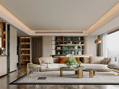 Elegant Modern Dining and Living Room Interior With Open Concept Sofa Coffee Table and Bookshelves 3d model