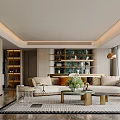 Elegant Modern Dining and Living Room Interior With Open Concept Sofa Coffee Table and Bookshelves
