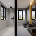 Modern Bathroom Interior Design With Black Toilet Wall-Mounted Sink Mirror And Green Plant