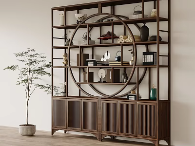 Chinese Style Wooden Display Shelf With Circular Hollow Design And Decorative Vases 3d model