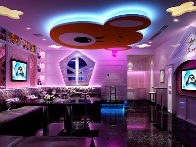 Modern KTV Lounge Interior With Starry Ceiling Cartoon Decor Sofas TVs And Microphones 3d model