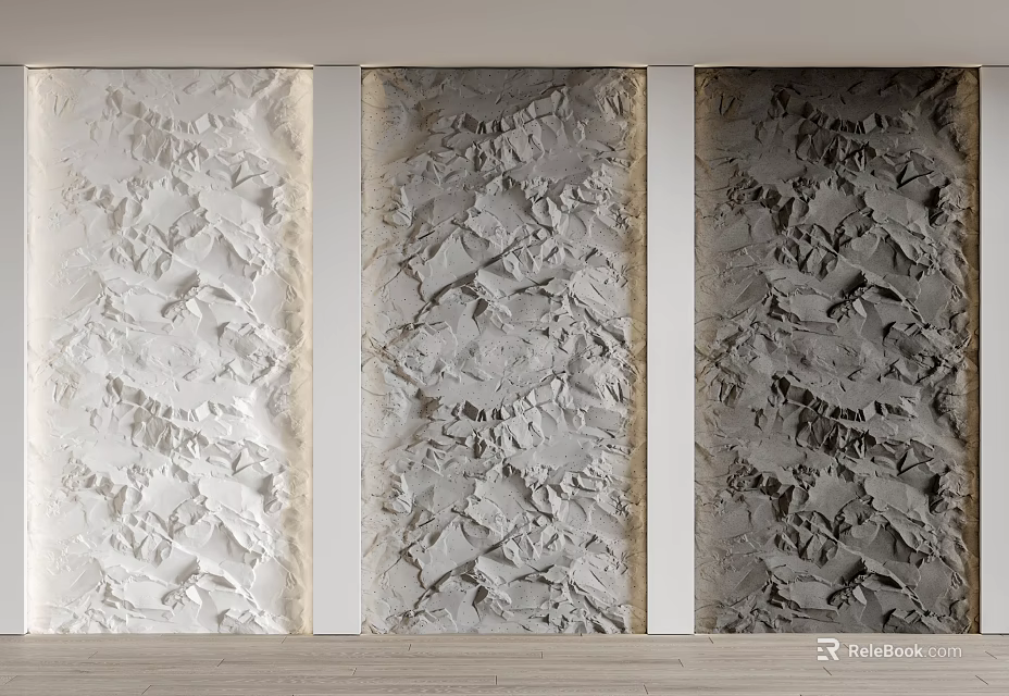 Three Panel Textured Background Wall With Relief Design And Gradient Colors 3d model 