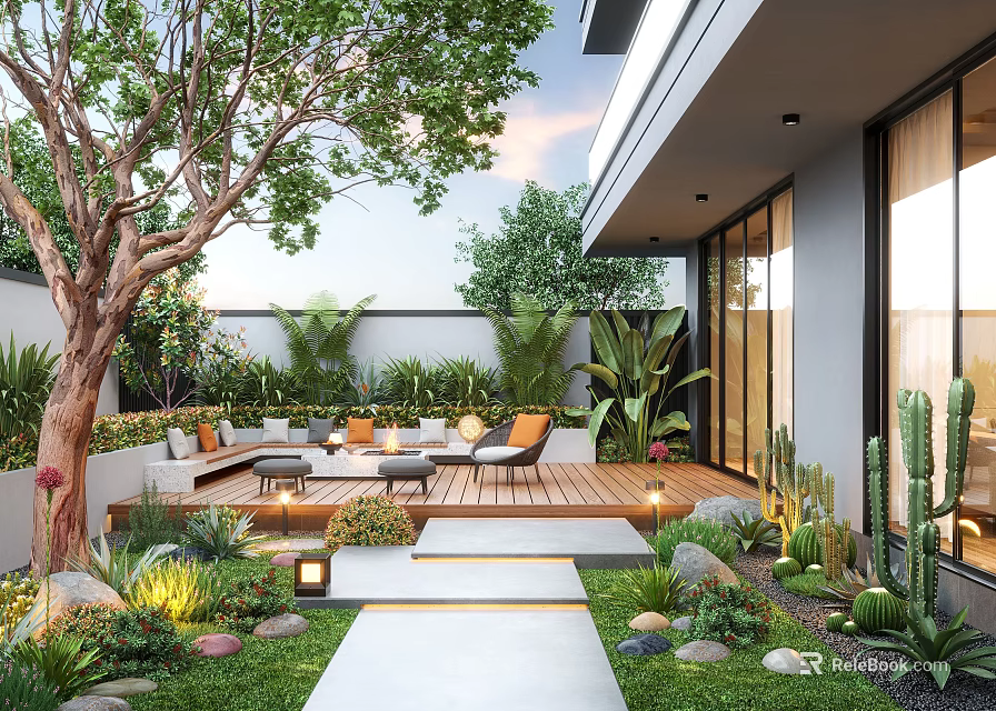 Modern Outdoor Garden With Seating Area Lush Green Plants Tall Trees And Stone Pathway 3d model 