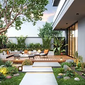 Modern Outdoor Garden With Seating Area Lush Green Plants Tall Trees And Stone Pathway