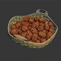 Fresh Walnuts in Wicker Basket Display on Dark Surface with Reflection