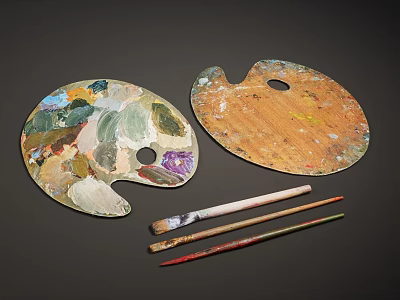 Colorful Art Painting Supplies With Two Palettes And Three Different Paintbrushes 3d model