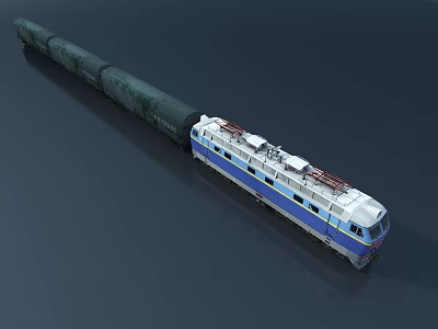 Electric Train With White And Blue Locomotive Pulling Green Carriages 3d model