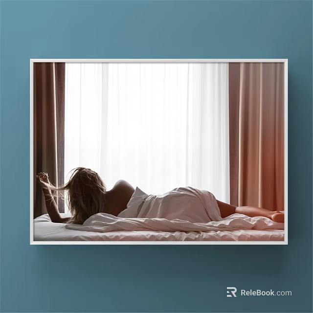 Figure Painting Featuring Female Back Lying on Bed with Window Curtains and Bright Light 3d model 