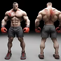 Muscular Male Character Front Back View With Red Boxing Gloves And Blood Stains