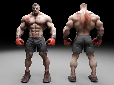 Muscular Male Character Front Back View With Red Boxing Gloves And Blood Stains 3d model