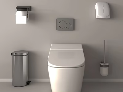Modern White Toilet In Bathroom With Tissue Holder Trash Bin And Brush 3d model