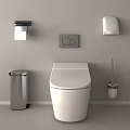 Modern White Toilet In Bathroom With Tissue Holder Trash Bin And Brush