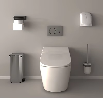 Modern White Toilet In Bathroom With Tissue Holder Trash Bin And Brush 3d model