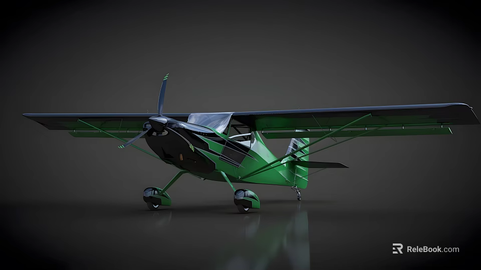 Green Small Passenger Plane Featuring Propeller Single Engine Streamlined Body on Gray Background Reflective Surface 3d model