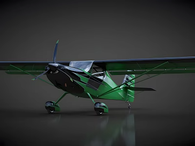 Green Small Passenger Plane Featuring Propeller Single Engine Streamlined Body on Gray Background Reflective Surface 3d model