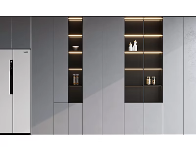 Modern Sleek Grey Built in Wine Cabinet With LED Lighting And Glass Shelves 3d model