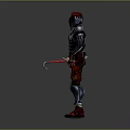 Futuristic Character With Red Helmet And Black Red Mechanical Armor Holding Weapons