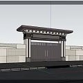 Modern Entrance Gate With Black Metal Doors Stone Wall And Trees Background