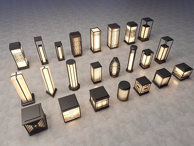 Various Modern Outdoor Lights With Different Stylish Designs And Glass Elements 3d model