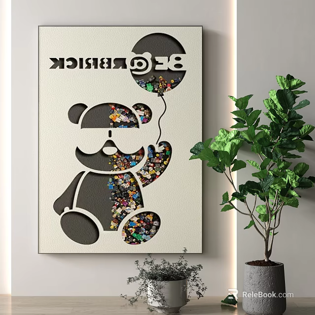 Decorative Painting With Bear Silhouette Colorful Lego Bricks Balloon And Green Plant 3d model 
