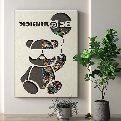 Decorative Painting With Bear Silhouette Colorful Lego Bricks Balloon And Green Plant 3d model