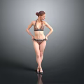 Woman In Brown Bikini With Updo Hairstyle Posing In Grey Background Wearing High Heels
