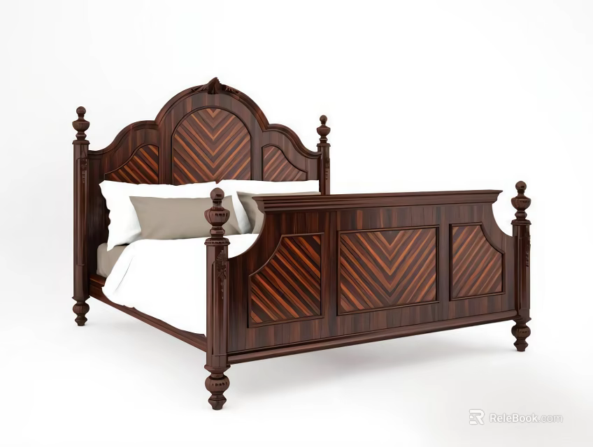 Dark Wooden Double Bed With Carved Headboard And Geometric Pattern White Pillows 3d model