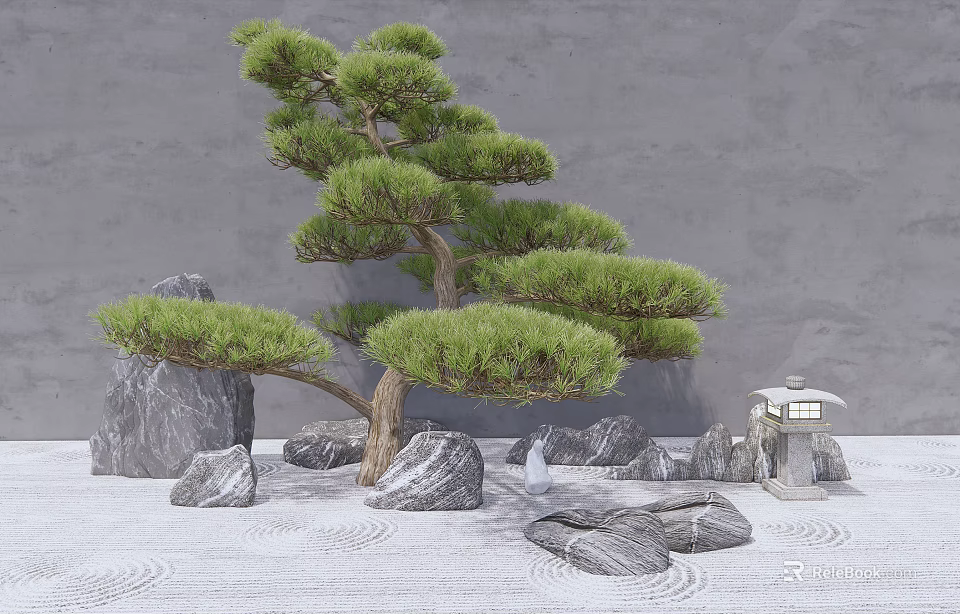 Zen Garden Ornament With Pine Tree Stone Lantern Rocks And Sand Patterns 3d model