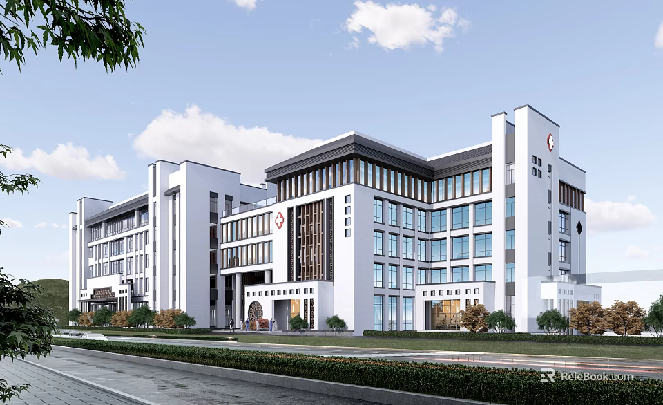Modern Chinese Style Hospital Building With White Exterior Symmetrical Design Lawn And Road Front 3d model 