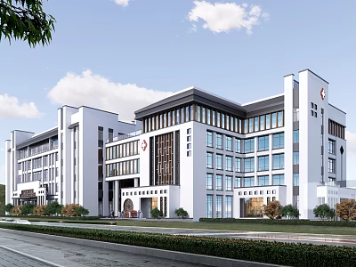 Modern Chinese Style Hospital Building With White Exterior Symmetrical Design Lawn And Road Front 3d model
