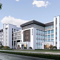 Modern Chinese Style Hospital Building With White Exterior Symmetrical Design Lawn And Road Front