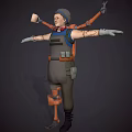 Character With Mechanical Arms Leg in Overalls Standing With Tools Hammer Wrench Headphones Dark Background
