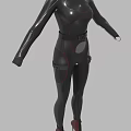 Black Tight Fitting Jumpsuit With Red Lines Belt Pockets And Red High Heels