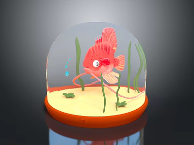 Underwater Scene In Transparent Glass Dome With Red Fish Green Seaweed And Sandy Bottom 3d model