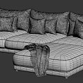 Beige And Brown L Shaped Sectional Sofa With Multiple Patterned Cushions And Cozy Blanket 3d model